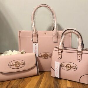 🌹🍃New Marilyn Monroe 3-Piece Pale Pink Leather Large Tote, Satchel & Clutch Set